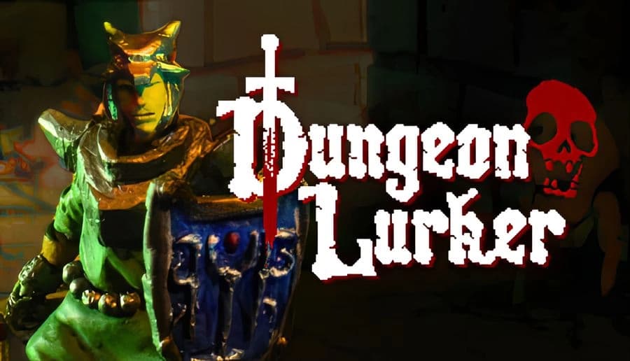 Dungeon Lurker: Armored warrior with horned helmet in shadowy dungeon corridor, red skull symbol beside him.