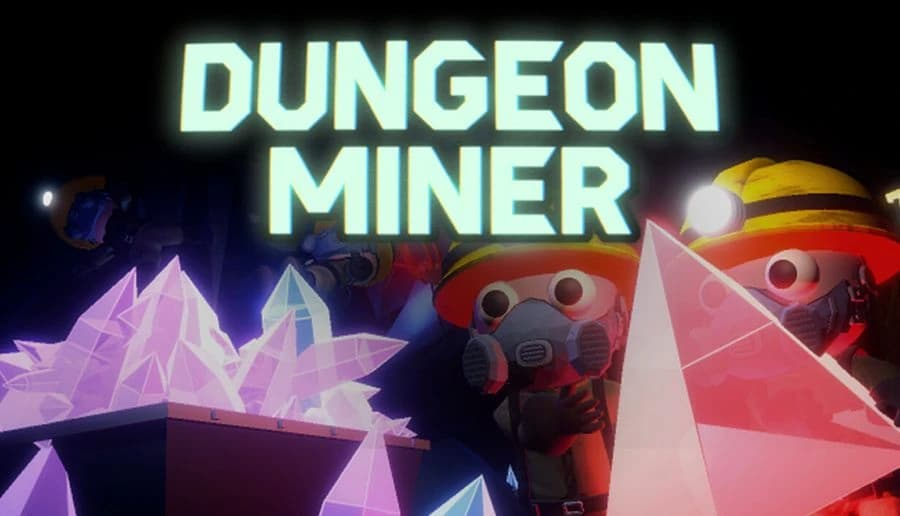 Dungeon Miner: gas-mask miner in yellow hard hat beside large pink crystals in a dark cave with glowing title above.
