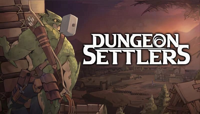 Dungeon Settlers: Green reptilian archer surveys barren village at dusk, holding bow with arrows, ready for adventure.