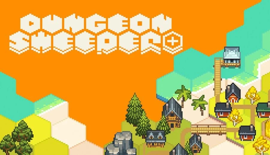 Dungeon Sweeper Plus: hex map tiles around villages, trees, ruins, and lighthouse, with orange fog at left edge.