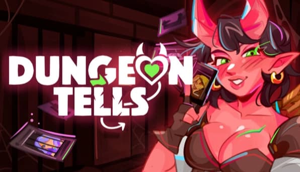 Dungeon Tells: Smiling horned demon woman winks and holds a book beside bold title text on a pink dungeon backdrop.
