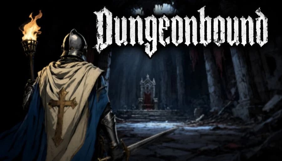 Dungeonbound: armored knight in cloak faces a distant throne down a torchlit, ruined stone corridor dungeon.