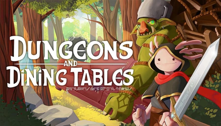 Dungeons and Dining Tables: Axolotl adventurer with red scarf beside green orc holding sword in forest clearing.