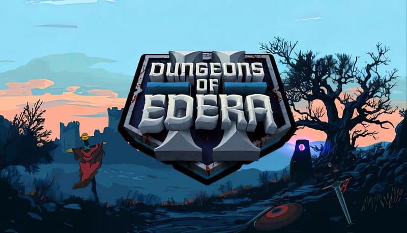 Dungeons of Edera 2: Barren landscape with twisted tree, scarecrow, swords, shields, stone altar beneath twilight sky.