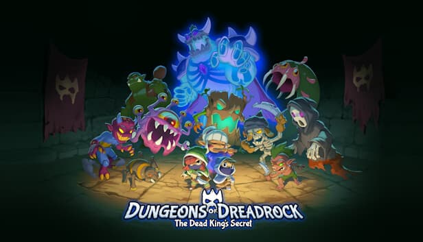 Dungeons of Dreadrock 2: Three small armored figures confront cartoon monsters, including a glowing skeleton, in a dungeon.