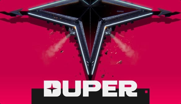 Duper: black spiked rook-like tower with a single eye lens and handle, casting shadow on red background.