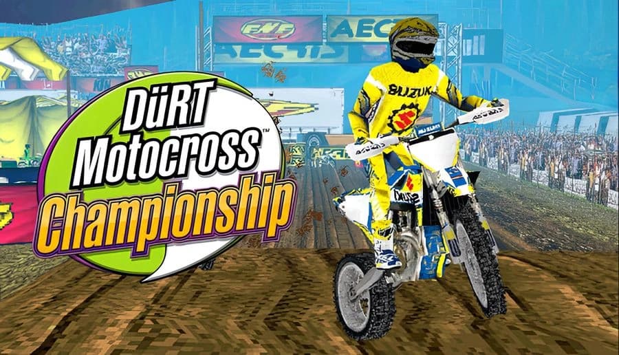 DüRT: motocross rider in yellow gear leaning into a turn on muddy track beside packed grandstands and banners.