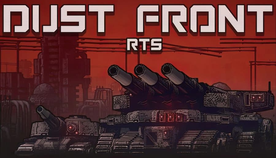 Dust Front RTS: Line of heavy tanks aiming cannons left, red-lit armored hulls in smoky ruined industrial cityscape.