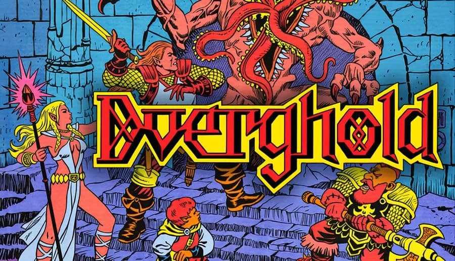 Dverghold: dwarf fighter swings axe at a red goblin in a stone dungeon hallway with party portraits on left UI.
