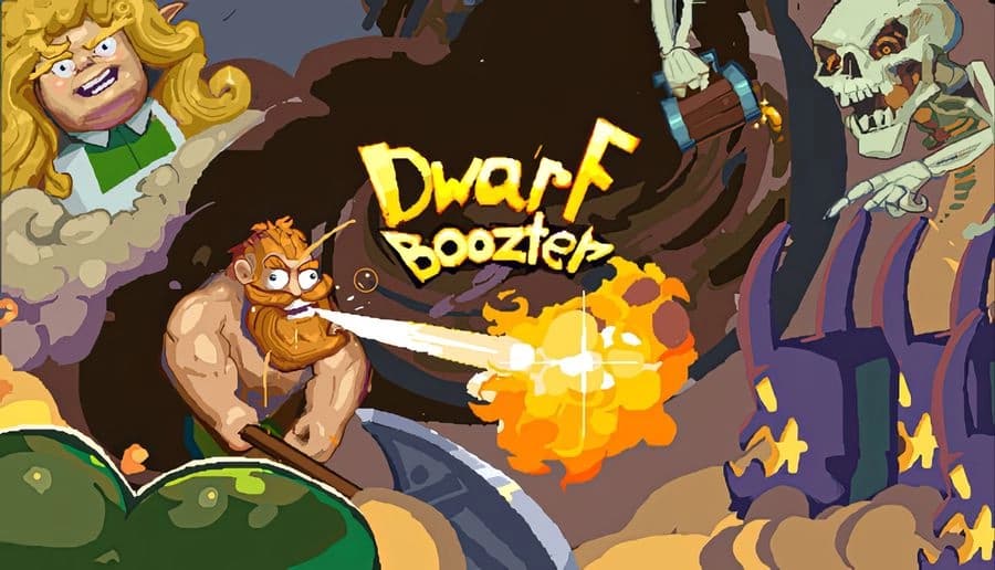 Dwarf Boozter: Angry bearded dwarf man snarling close-up with glowing tavern lights and dark purple background.
