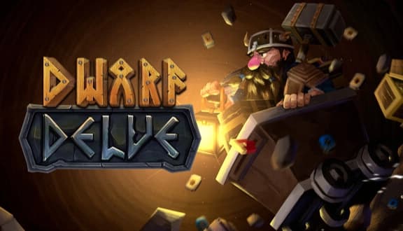 Dwarf Delve: bearded dwarf miner holds a glowing lantern in minecart amid flying gold coins in dark tunnel.