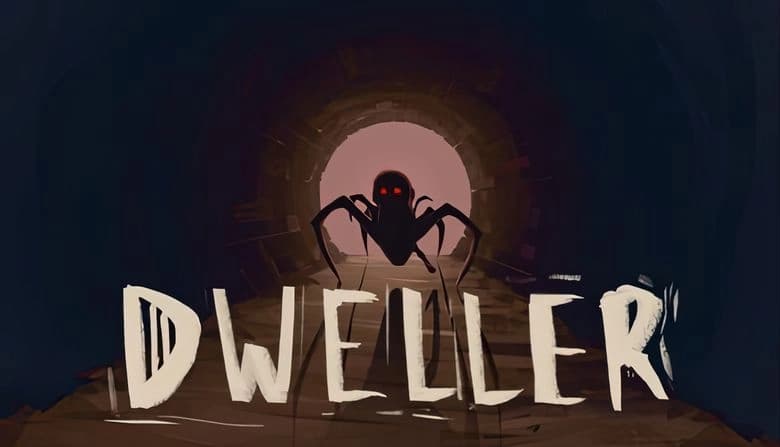 Dweller: A spider-like creature with glowing red eyes lurks in a dark tunnel, casting long shadows on the sewer floor.