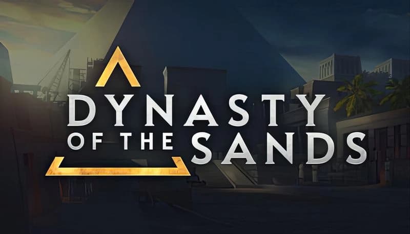 Dynasty of the Sands: Shadowed pyramids and palm trees set against a dusky sky, creating an ancient Egyptian backdrop.