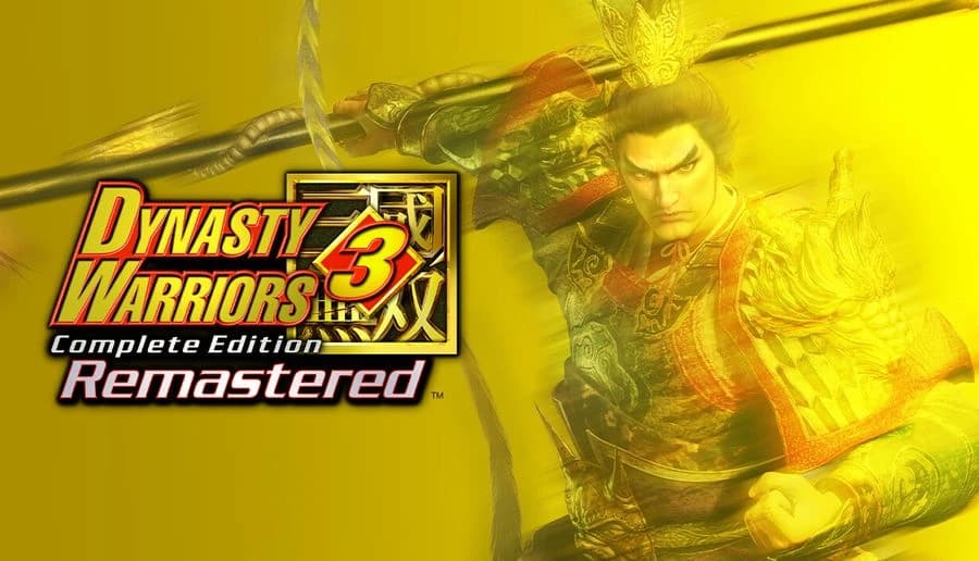 DYNASTY WARRIORS 3: Armored male warrior with spear lunges forward on yellow gradient backdrop with faint battle scene.