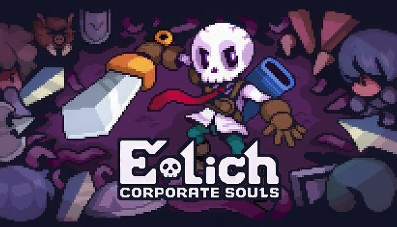 Skeleton warrior with a large sword, red tie, and blue quiver on back stands poised for battle, surrounded by enemies.