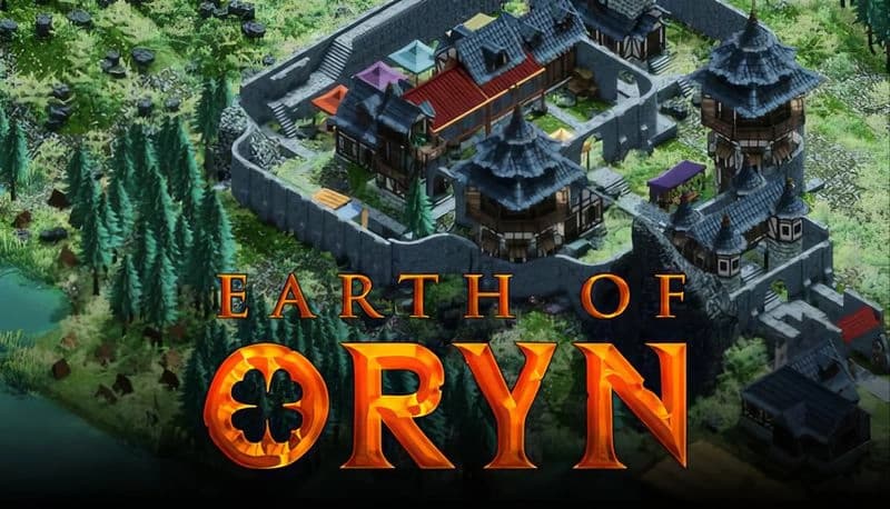 Earth of Oryn: Fortified medieval village with stone walls, colorful rooftops, and surrounded by dense, lush green forest.