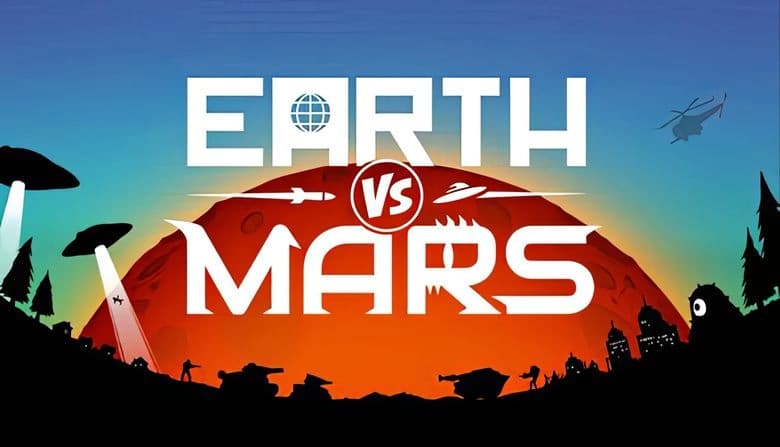 Earth vs Mars: Silhouetted tanks and soldiers face alien ships against a vibrant sunset backdrop with distant red planet.