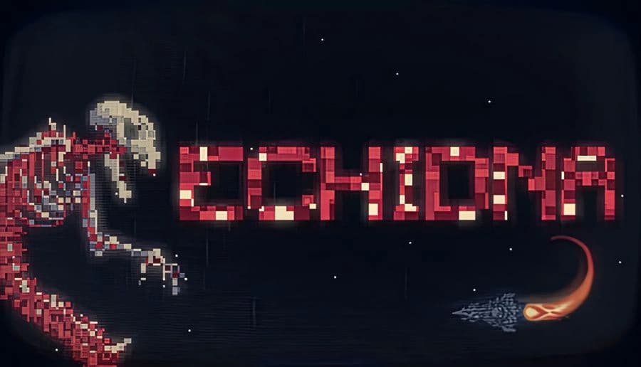 ECHIDNA: Pixel art serpent skeleton drifting in space with glowing red title letters, small ship and comet trail nearby.