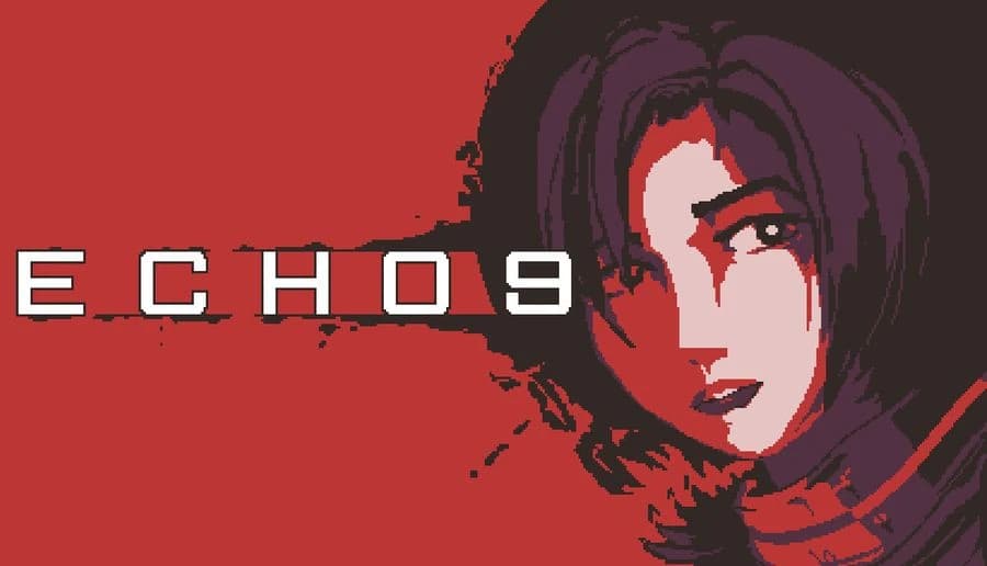 Echo 9: Close-up portrait of pale woman with short dark hair and blood streak on face against red background.