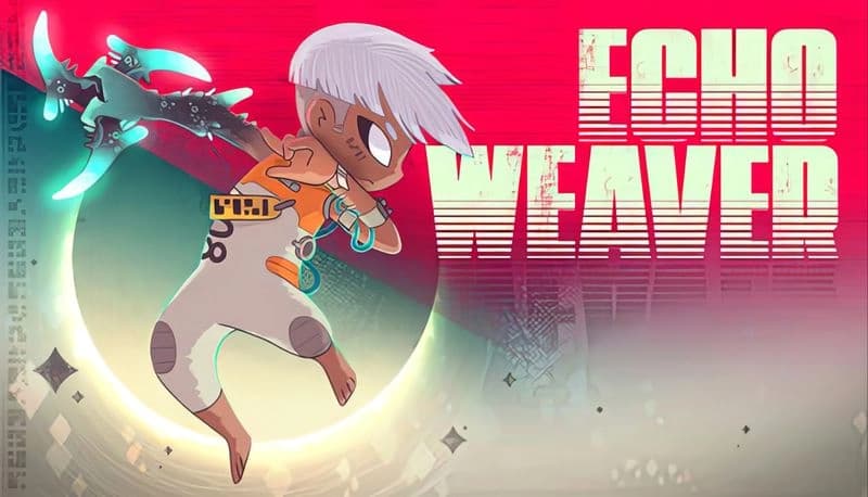 Echo Weaver: Young boy with white hair leaps through glitching portal, wielding glowing boomerang in vibrant realm.