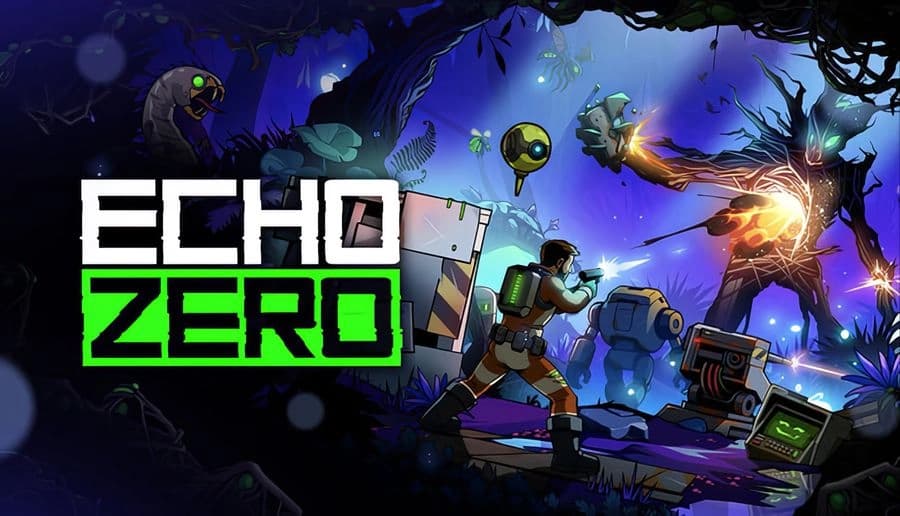 Echo Zero: armed woman and two robots fire at a glowing alien figure in a blue cave with floating drones and debris.
