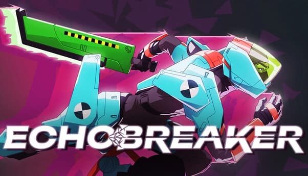 Echobreaker: Armored racer in teal crash-test gear grips a green blade on a neon pink, purple sci-fi backdrop.