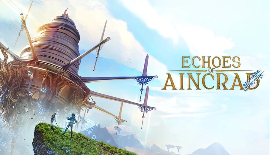 Echoes of Aincrad: two armored warriors with swords walk uphill toward a giant floating tower and windmill ruins.