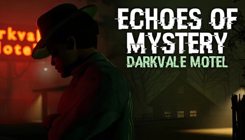 Echoes Of Mystery: Man in trench coat and fedora stands in foggy night, neon motel sign glowing in the background.