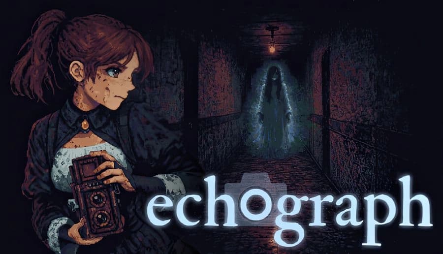 Echograph: young woman holds a vintage camera, staring down a dim brick corridor with a blue ghostly figure ahead.