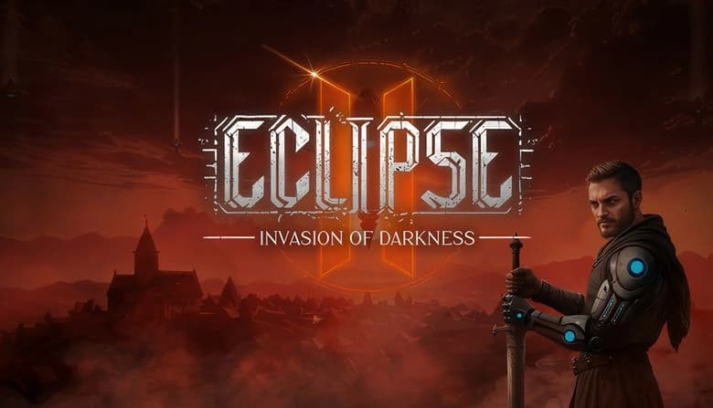 Eclipse 2: Armored man with a sword stands against an alien sky, medieval village silhouetted in the fiery backdrop.