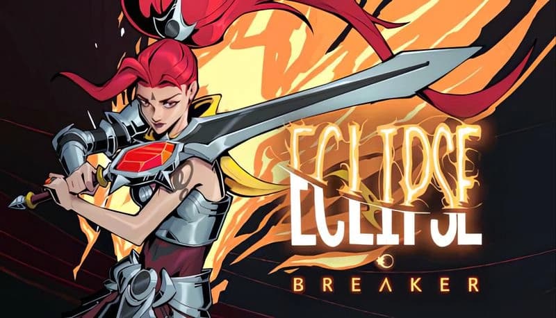 Eclipse Breaker: Young woman with red hair in knight armor wielding sword with red crystal against intense fiery backdrop.