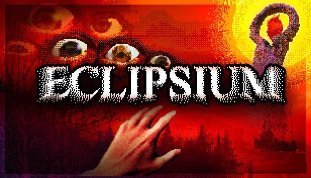 A hand reaches forward beneath multiple floating eyes, towering statue on an island, trees, and vivid blood-red sky.