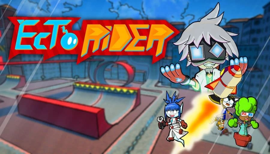 Ectorider: cartoon boy on rollerblades blasts upward with rocket, above skate park ramps and a city skyline backdrop.