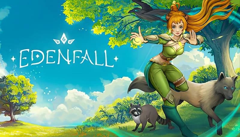 Edenfall: Young woman in armor leads wolf, raccoon, raven through lush forest under bright sky, poised for adventure.