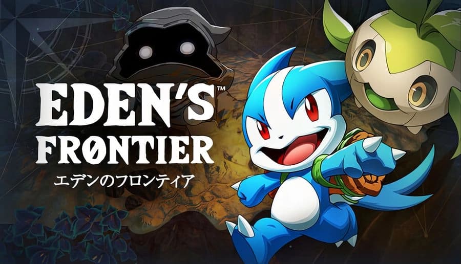 EDEN’S FRONTIER™: Blue chibi creature with red eyes points forward beside green companion on dark rocky backdrop.