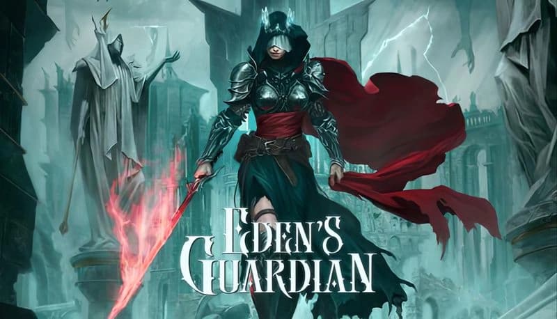 Eden's Guardian: Hooded female warrior with flaming red sword stands in gothic ruins, red scarf flowing in stormy skies.