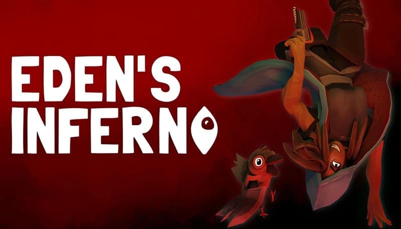 Eden's Inferno: Armored warrior spirals through crimson void, sword drawn, alongside alert red bird, adding tension to scene.
