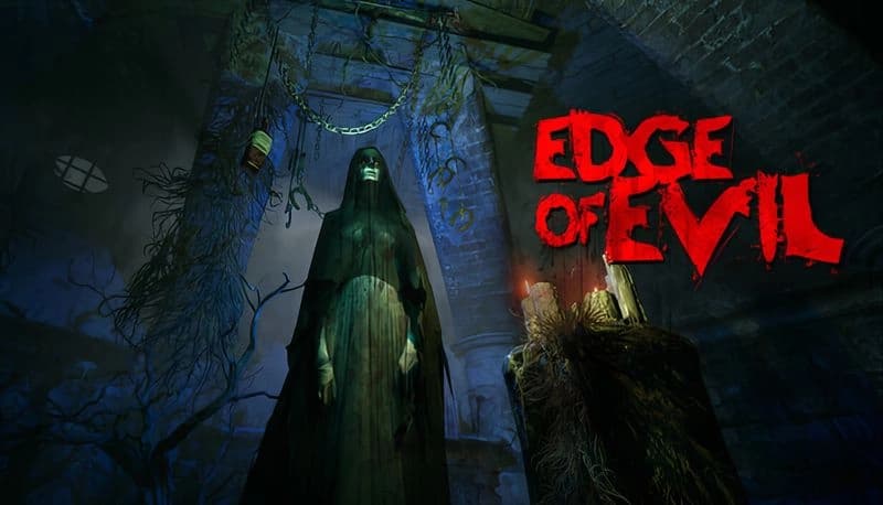 Edge Of Evil: Hooded figure stands in eerie blue-lit chamber with twisted trees and chains, holding candles in a haunted ruin.