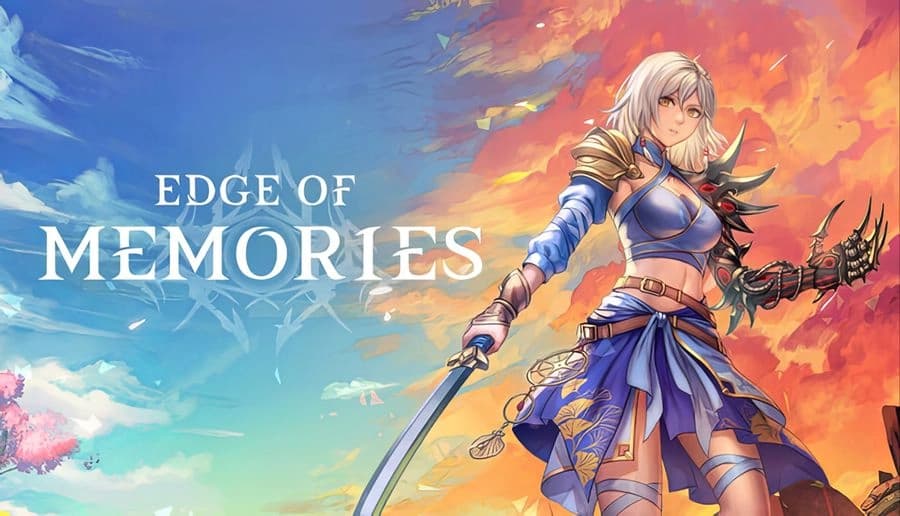 Edge of Memories: White-haired young woman grips a sword, in blue armor against a vibrant orange and blue sky backdrop.