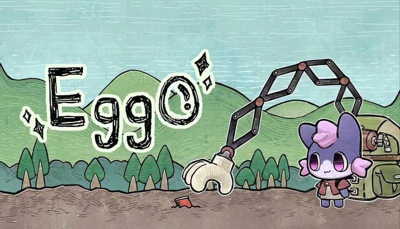Eggo: Purple creature with pink bow and robotic arm from backpack in cartoon forest, mountains in backdrop, clear sky.