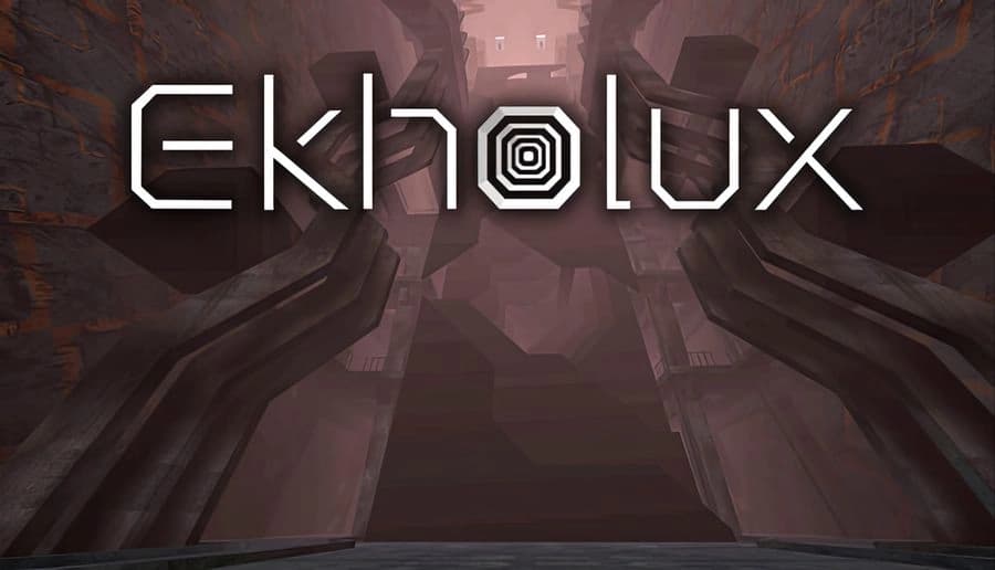 Ekholux: armored robot holds glowing blue energy sphere in both hands inside a dark sci-fi corridor with cables.
