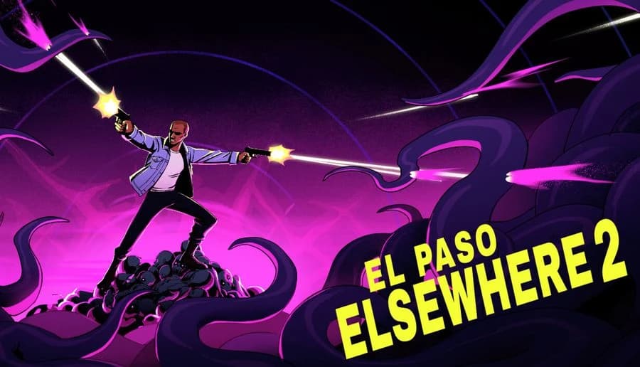 El Paso, Elsewhere 2: Man firing two pistols while standing on creatures as purple tentacles twist around him.