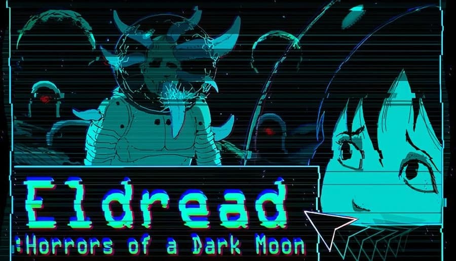 Eldread: Glitchy close-up of anime-style girl's face beside jagged monster heads on a dark teal digital background.