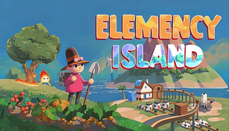 Elemency Island: Young girl in a hat with a shovel tends crops near a curious creature, houses, and a burning tree in the distance.