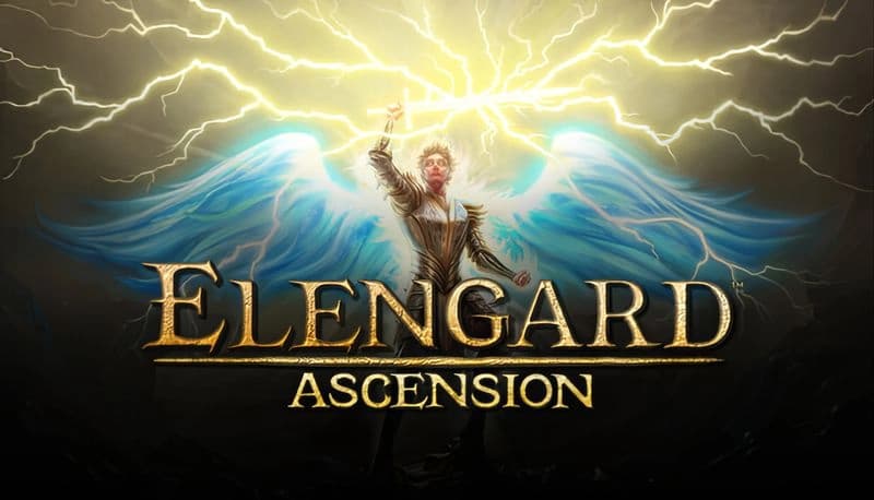 Elengard: Young man holding a sword aloft with glowing wings in a stormy sky, surrounded by vivid lightning bolts.