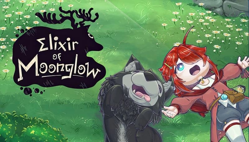 Elixir of Moonglow: Young girl with red hair and a wolf lie on grass, surrounded by daisies under a clear blue sky.