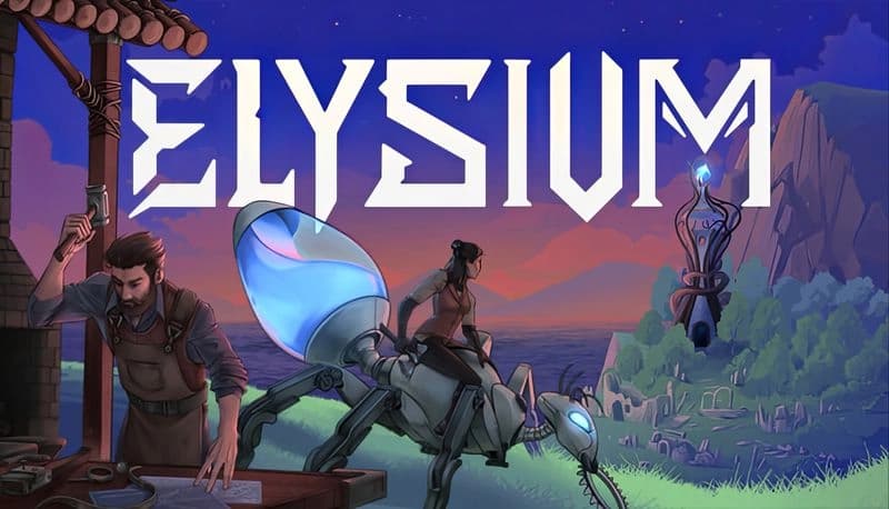 Elysium: Woman rides robotic insect in a vibrant coastal landscape as a man examines artifacts at a wooden table under a roof.