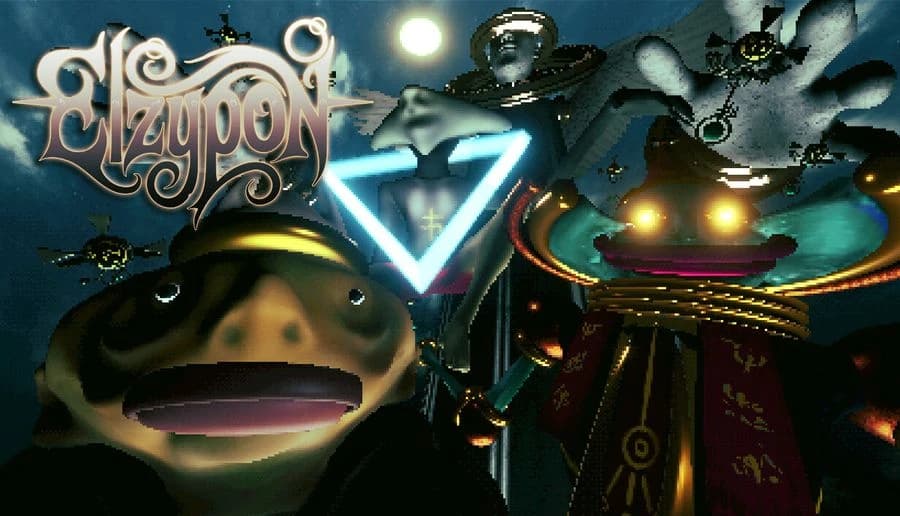 Elzypon: Cloaked sorcerer raises a hand beside wide-mouthed frog mask, under moonlight with glowing orbs.