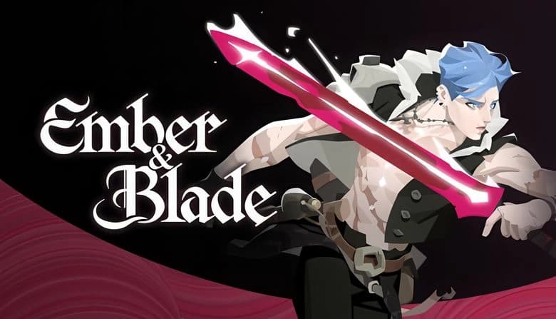 Ember and Blade: Blue-haired warrior wields glowing red sword in dark setting, ready for battle with fierce determination.