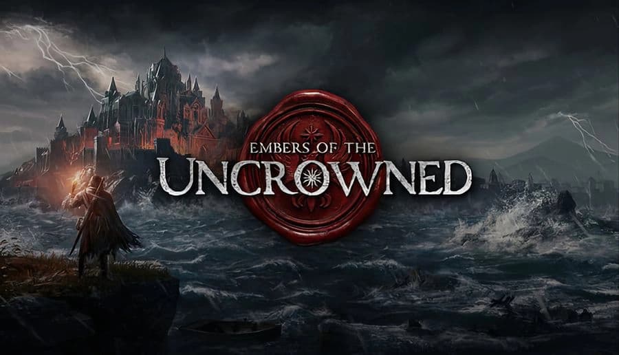 Embers of the Uncrowned: Red wax seal over large title text, with a dark gothic castle under stormy clouds.